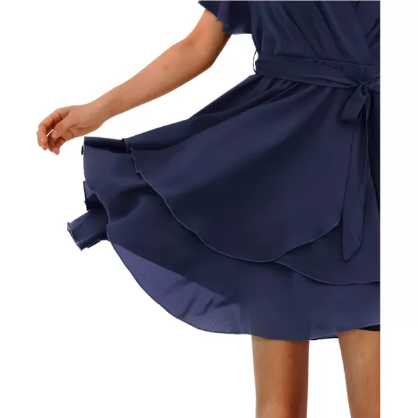 Amoretu Womens 2024 Summer Wrap Dress Short Sleeve Casual V Neck Ruffle Mini DressesNavy