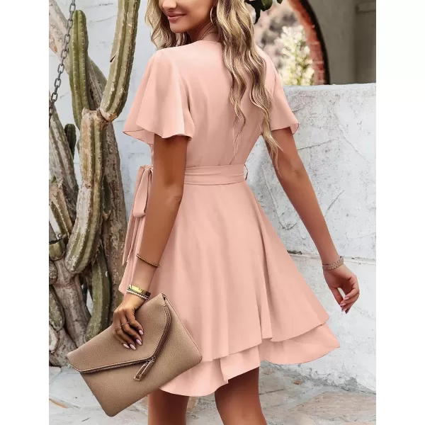 Amoretu Womens 2024 Summer Wrap Dress Short Sleeve Casual V Neck Ruffle Mini DressesPink