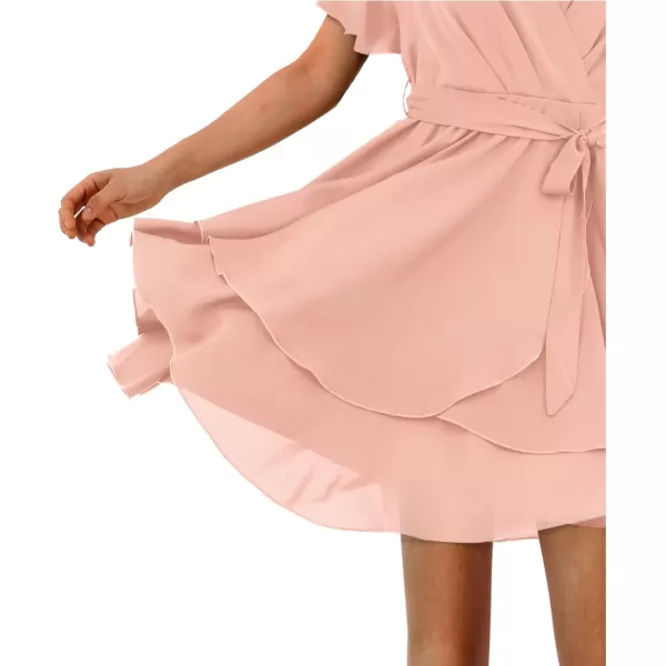 Amoretu Womens 2024 Summer Wrap Dress Short Sleeve Casual V Neck Ruffle Mini DressesPink