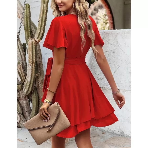 Amoretu Womens 2024 Summer Wrap Dress Short Sleeve Casual V Neck Ruffle Mini DressesRed