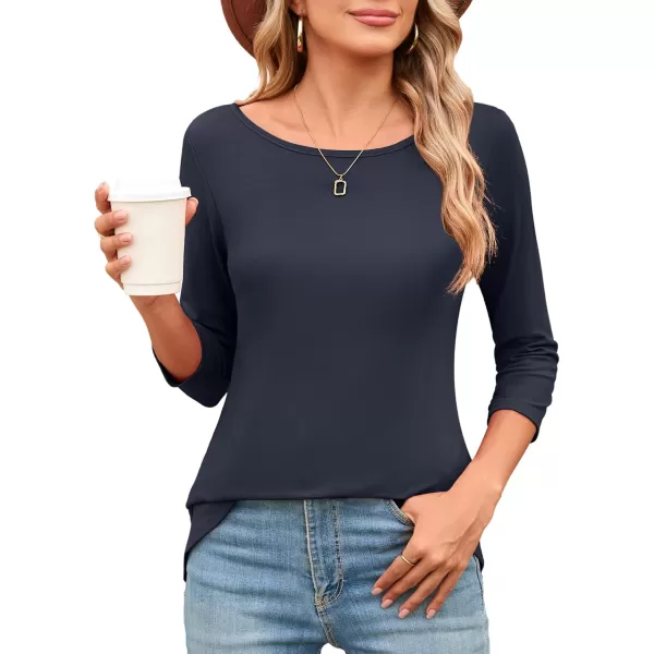 Amoretu Womens Long Tunic Tops 34 Sleeve Shirts Boat Neck TeesNavy Blue