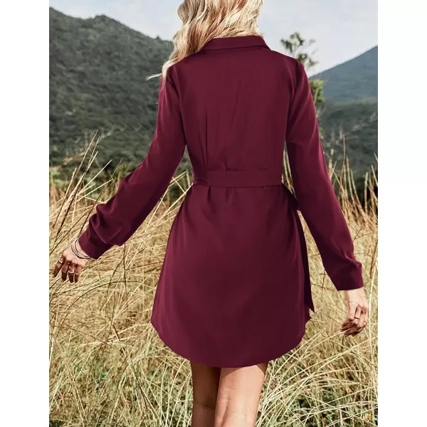 Amoretu Womens Shirt Dresses Long Sleeve Button up Work Dress with PocketsBurgundy