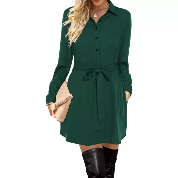 Amoretu Womens Shirt Dresses Long Sleeve Button up Work Dress with PocketsDark Green