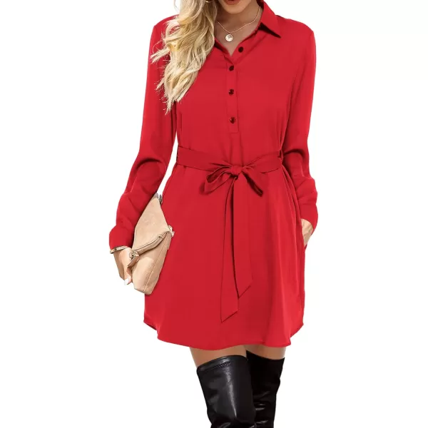 Amoretu Womens Shirt Dresses Long Sleeve Button up Work Dress with PocketsH Red