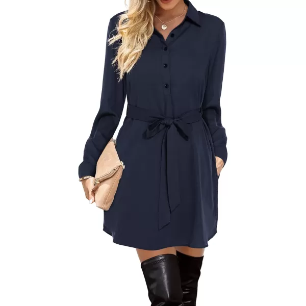 Amoretu Womens Shirt Dresses Long Sleeve Button up Work Dress with PocketsNavy Blue