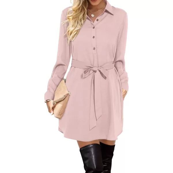 Amoretu Womens Shirt Dresses Long Sleeve Button up Work Dress with PocketsPink