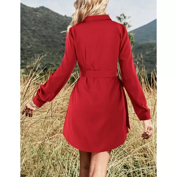 Amoretu Womens Shirt Dresses Long Sleeve Button up Work Dress with PocketsRed