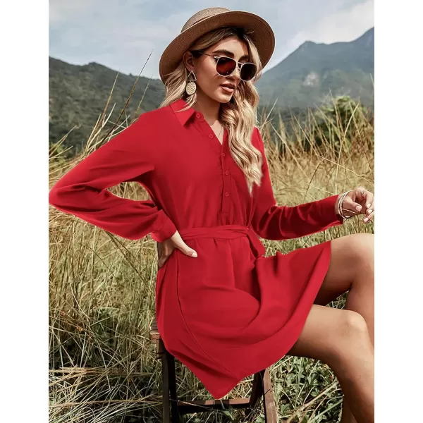 Amoretu Womens Shirt Dresses Long Sleeve Button up Work Dress with PocketsRed
