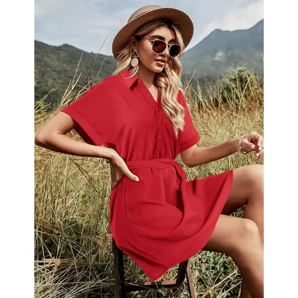 Amoretu Womens Shirt Dresses Short Sleeve Button up Work Dress with PocketsRed