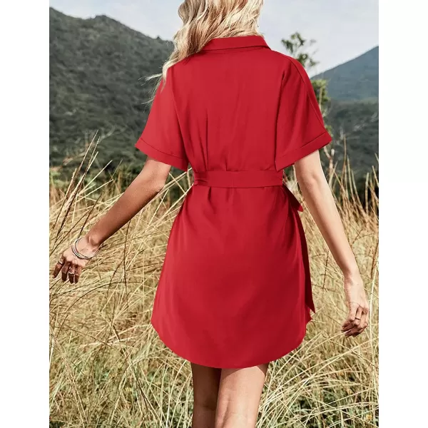 Amoretu Womens Shirt Dresses Short Sleeve Button up Work Dress with PocketsRed