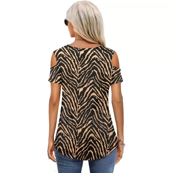 Amoretu Womens Short Sleeve Cold Shoulder Basic Tee Tops ShirtsBrown Zebra