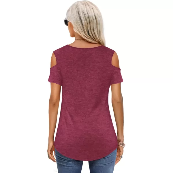Amoretu Womens Short Sleeve Cold Shoulder Basic Tee Tops ShirtsBurgundy