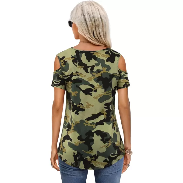 Amoretu Womens Short Sleeve Cold Shoulder Basic Tee Tops ShirtsCamo