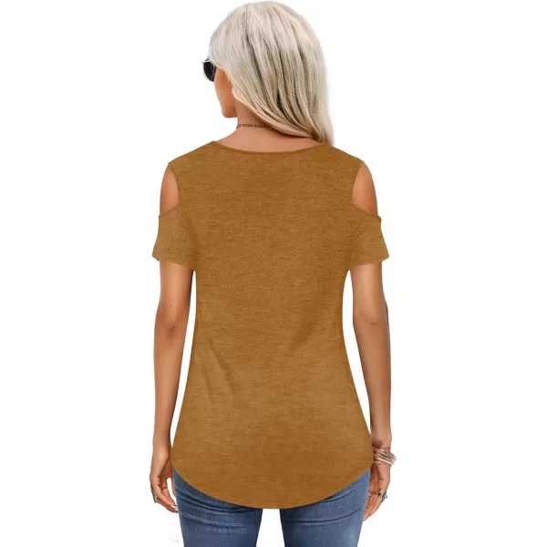 Amoretu Womens Short Sleeve Cold Shoulder Basic Tee Tops ShirtsCoffee