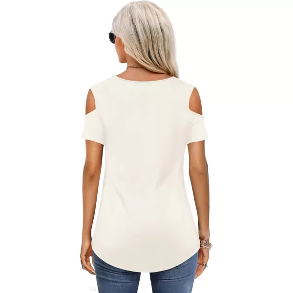 Amoretu Womens Short Sleeve Cold Shoulder Basic Tee Tops ShirtsCream