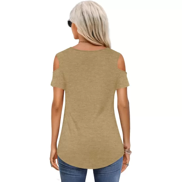 Amoretu Womens Short Sleeve Cold Shoulder Basic Tee Tops ShirtsKhaki
