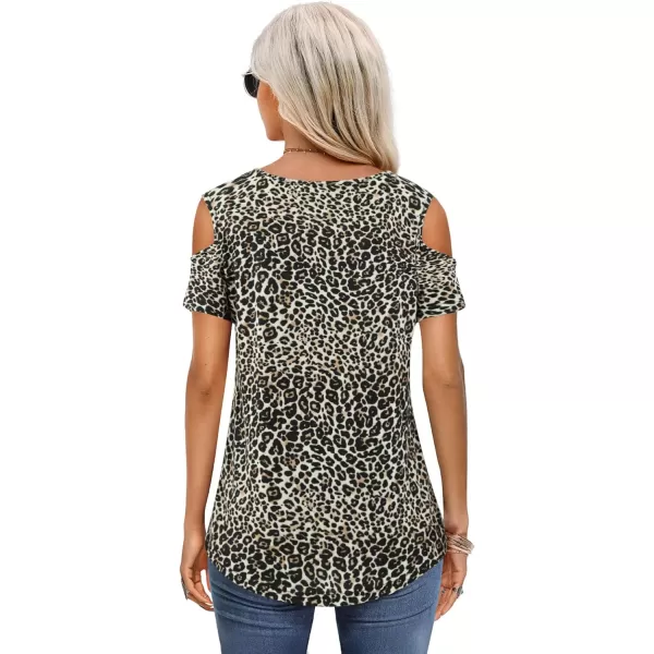 Amoretu Womens Short Sleeve Cold Shoulder Basic Tee Tops ShirtsLeopard