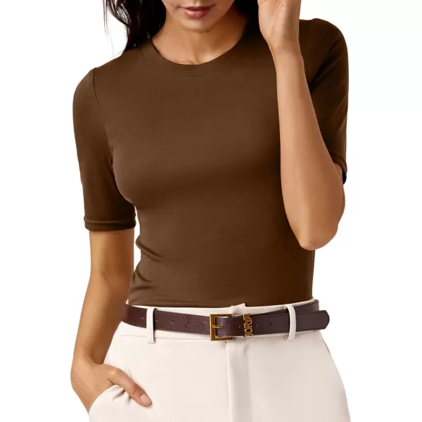 Amoretu Womens Short Sleeve T Shirts Summer Basic Tops Casual Crew Neck Ribbed Slim Fit TeesBrown