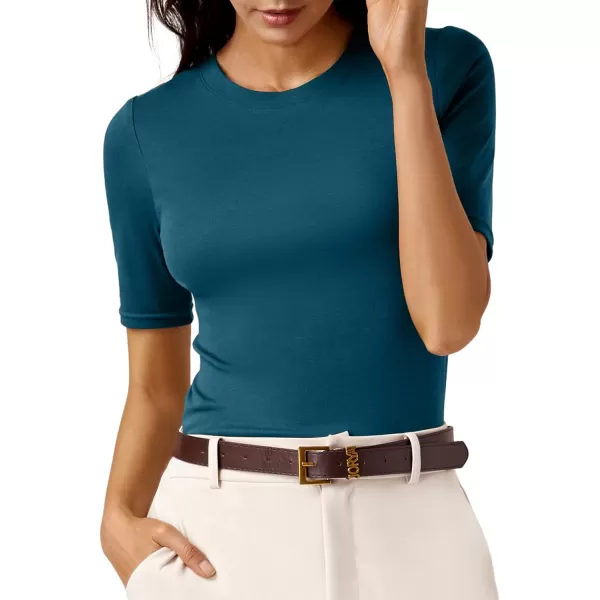 Amoretu Womens Short Sleeve T Shirts Summer Basic Tops Casual Crew Neck Ribbed Slim Fit TeesTeal
