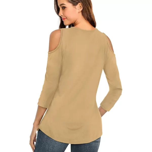 Amoretu Womens Summer Shirts 34 Long Sleeve V Neck Criss Cross Cold Shoulder Tops BlouseBeige