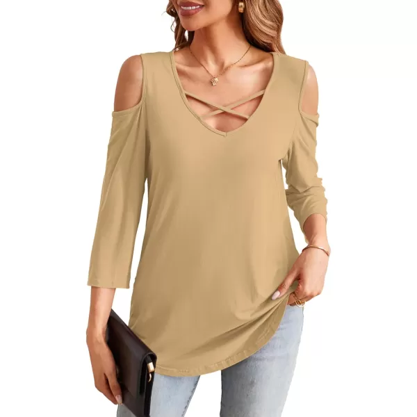Amoretu Womens Summer Shirts 34 Long Sleeve V Neck Criss Cross Cold Shoulder Tops BlouseBeige