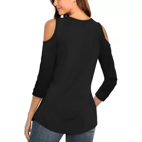 Amoretu Womens Summer Shirts 34 Long Sleeve V Neck Criss Cross Cold Shoulder Tops BlouseBlack
