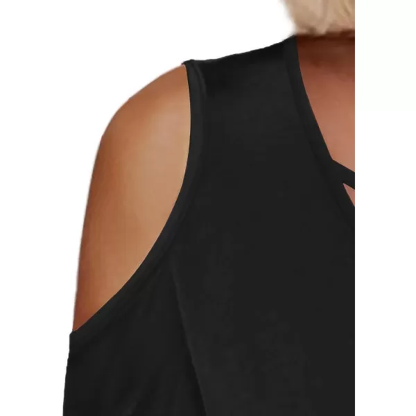 Amoretu Womens Summer Shirts 34 Long Sleeve V Neck Criss Cross Cold Shoulder Tops BlouseBlack