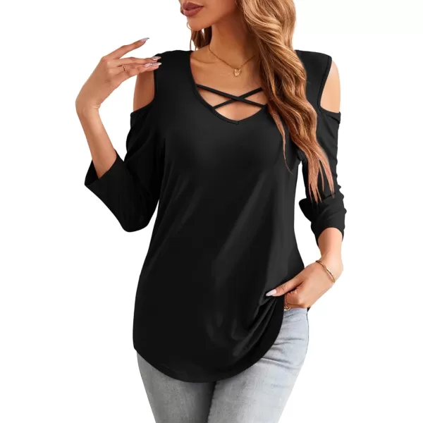 Amoretu Womens Summer Shirts 34 Long Sleeve V Neck Criss Cross Cold Shoulder Tops BlouseBlack