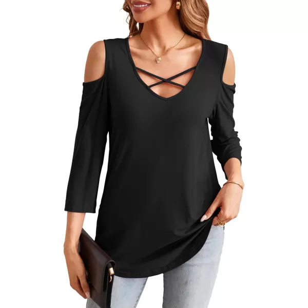 Amoretu Womens Summer Shirts 34 Long Sleeve V Neck Criss Cross Cold Shoulder Tops BlouseBlack