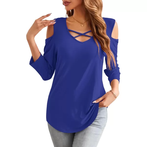 Amoretu Womens Summer Shirts 34 Long Sleeve V Neck Criss Cross Cold Shoulder Tops BlouseBlue