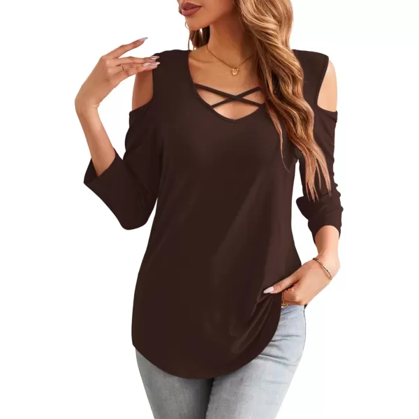 Amoretu Womens Summer Shirts 34 Long Sleeve V Neck Criss Cross Cold Shoulder Tops BlouseBrown