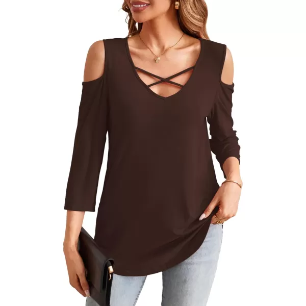 Amoretu Womens Summer Shirts 34 Long Sleeve V Neck Criss Cross Cold Shoulder Tops BlouseBrown