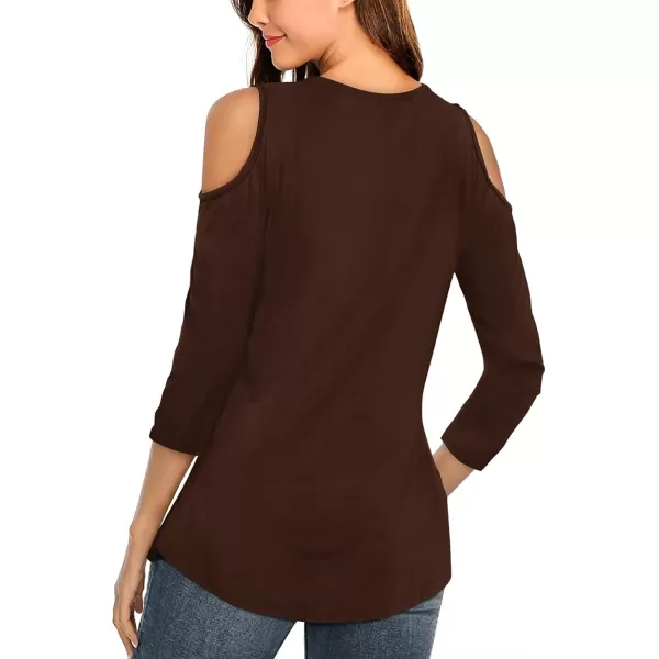 Amoretu Womens Summer Shirts 34 Long Sleeve V Neck Criss Cross Cold Shoulder Tops BlouseBrown