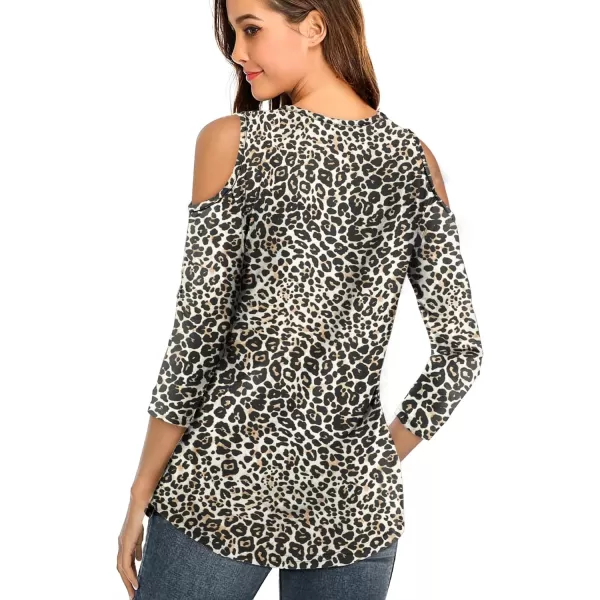 Amoretu Womens Summer Shirts 34 Long Sleeve V Neck Criss Cross Cold Shoulder Tops BlouseBrown Printed Leopard