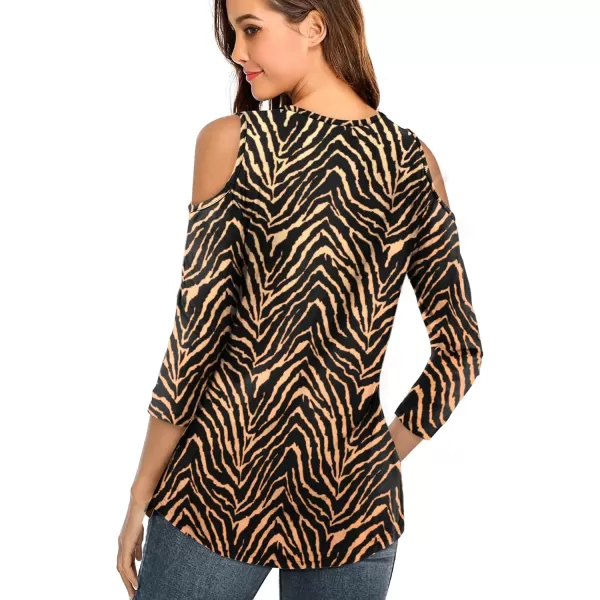 Amoretu Womens Summer Shirts 34 Long Sleeve V Neck Criss Cross Cold Shoulder Tops BlouseBrown Printed Zebra