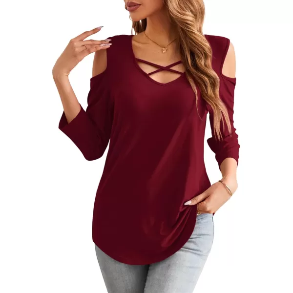 Amoretu Womens Summer Shirts 34 Long Sleeve V Neck Criss Cross Cold Shoulder Tops BlouseBurgundy Red
