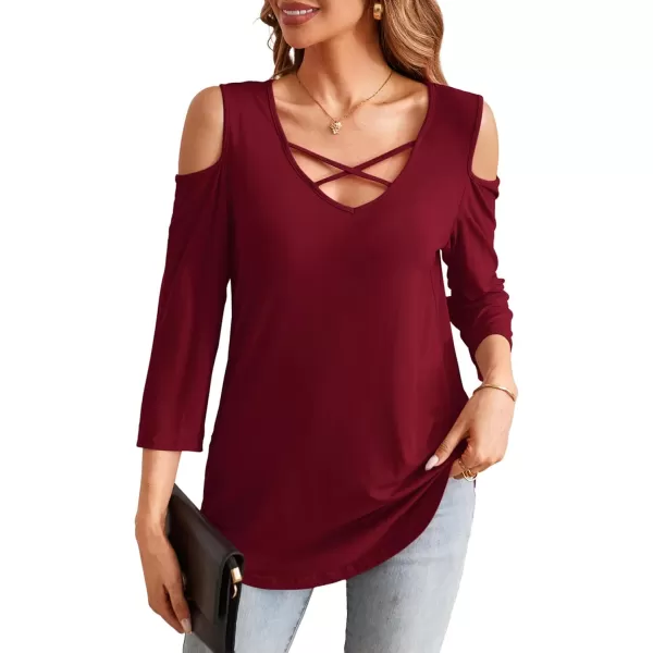 Amoretu Womens Summer Shirts 34 Long Sleeve V Neck Criss Cross Cold Shoulder Tops BlouseBurgundy Red