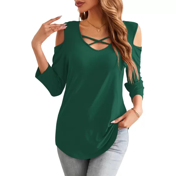 Amoretu Womens Summer Shirts 34 Long Sleeve V Neck Criss Cross Cold Shoulder Tops BlouseDark Green