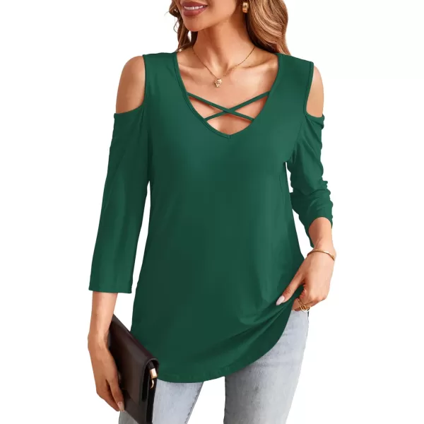Amoretu Womens Summer Shirts 34 Long Sleeve V Neck Criss Cross Cold Shoulder Tops BlouseDark Green