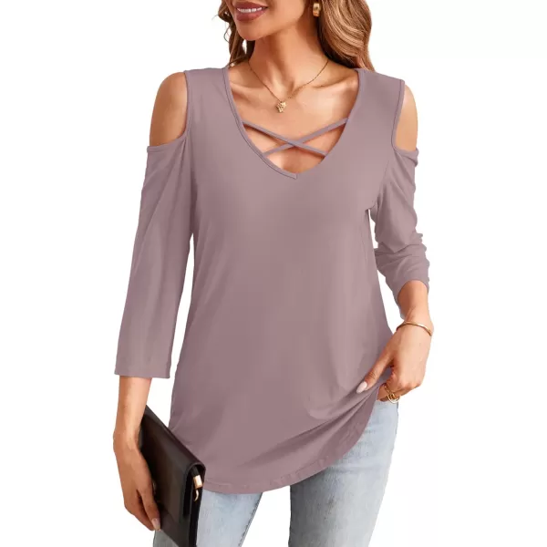 Amoretu Womens Summer Shirts 34 Long Sleeve V Neck Criss Cross Cold Shoulder Tops BlouseGray Purple