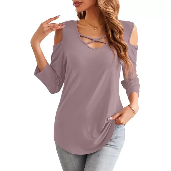 Amoretu Womens Summer Shirts 34 Long Sleeve V Neck Criss Cross Cold Shoulder Tops BlouseGray Purple