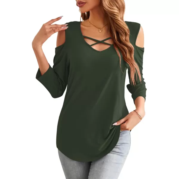 Amoretu Womens Summer Shirts 34 Long Sleeve V Neck Criss Cross Cold Shoulder Tops BlouseGreen