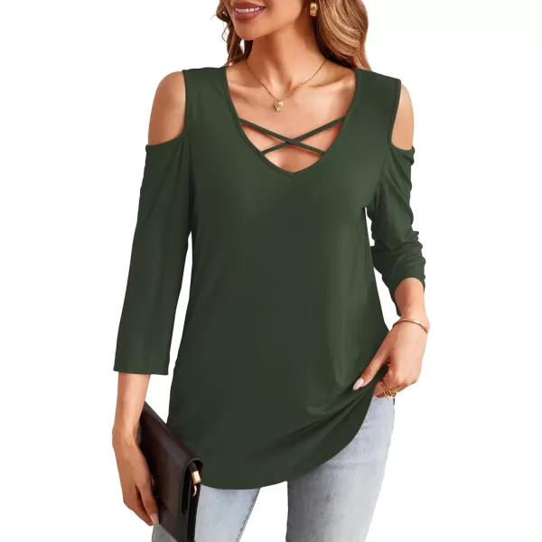 Amoretu Womens Summer Shirts 34 Long Sleeve V Neck Criss Cross Cold Shoulder Tops BlouseGreen
