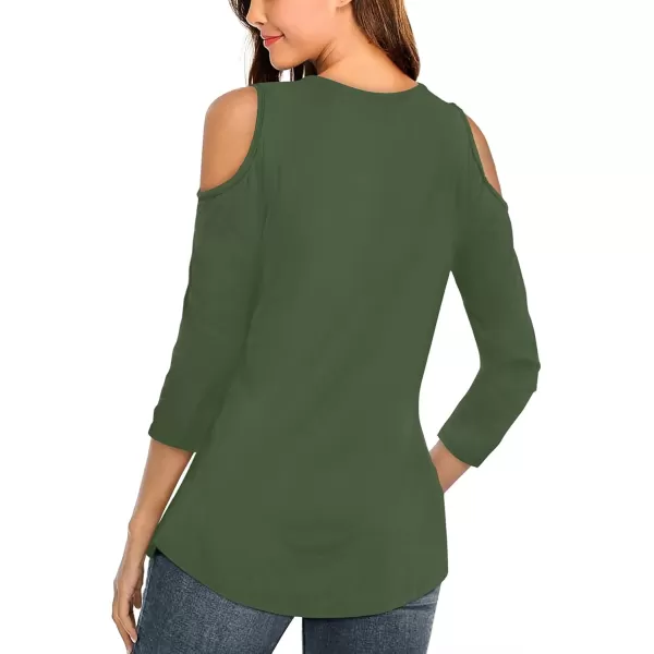 Amoretu Womens Summer Shirts 34 Long Sleeve V Neck Criss Cross Cold Shoulder Tops BlouseGreen