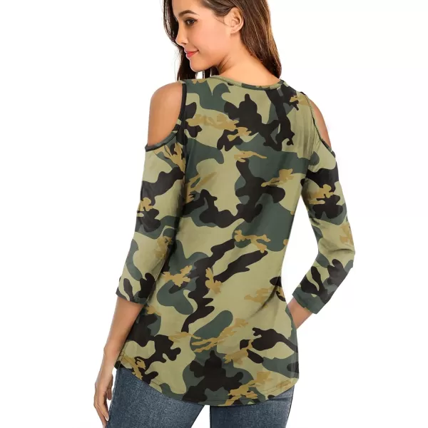 Amoretu Womens Summer Shirts 34 Long Sleeve V Neck Criss Cross Cold Shoulder Tops BlouseGreen Printed Camouflage