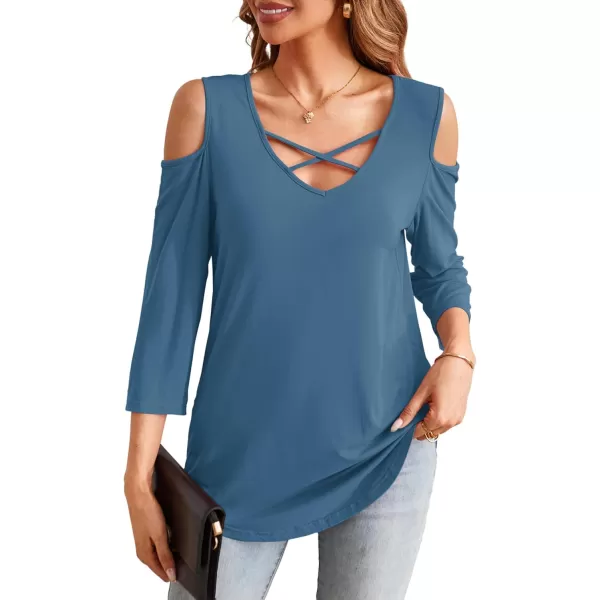 Amoretu Womens Summer Shirts 34 Long Sleeve V Neck Criss Cross Cold Shoulder Tops BlouseInk Blue