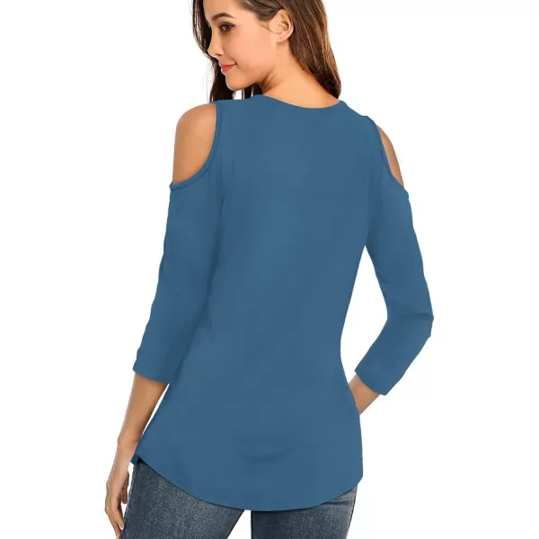 Amoretu Womens Summer Shirts 34 Long Sleeve V Neck Criss Cross Cold Shoulder Tops BlouseInk Blue