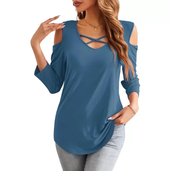 Amoretu Womens Summer Shirts 34 Long Sleeve V Neck Criss Cross Cold Shoulder Tops BlouseInk Blue