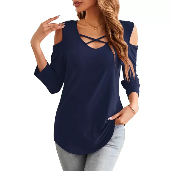 Amoretu Womens Summer Shirts 34 Long Sleeve V Neck Criss Cross Cold Shoulder Tops BlouseNavy Blue