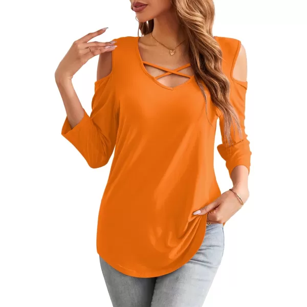 Amoretu Womens Summer Shirts 34 Long Sleeve V Neck Criss Cross Cold Shoulder Tops BlouseOrange